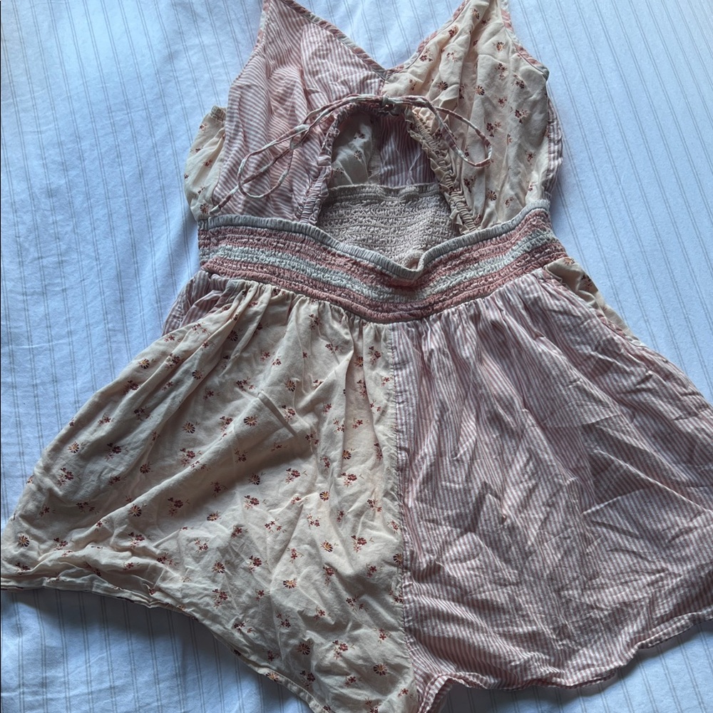 Floral/Striped Pink Strappy Women's Romper with Front Cut-Out